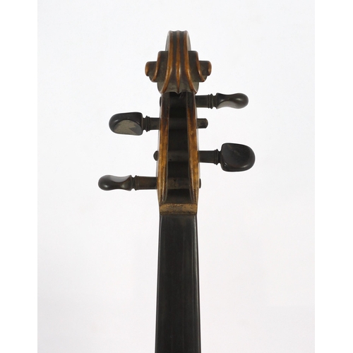 27 - A 19th century French single back violin, the single piece back, sides and back with medium curl and... 