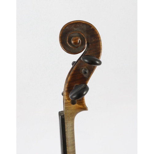 27 - A 19th century French single back violin, the single piece back, sides and back with medium curl and... 