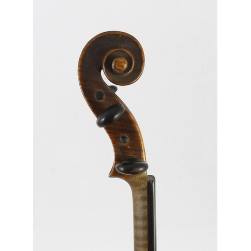 27 - A 19th century French single back violin, the single piece back, sides and back with medium curl and... 