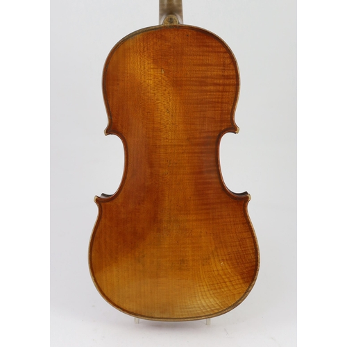 27 - A 19th century French single back violin, the single piece back, sides and back with medium curl and... 