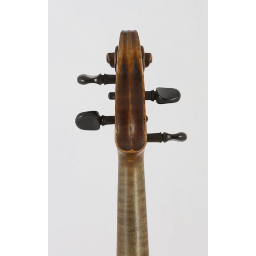 27 - A 19th century French single back violin, the single piece back, sides and back with medium curl and... 