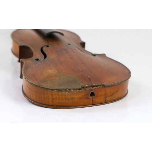 27 - A 19th century French single back violin, the single piece back, sides and back with medium curl and... 