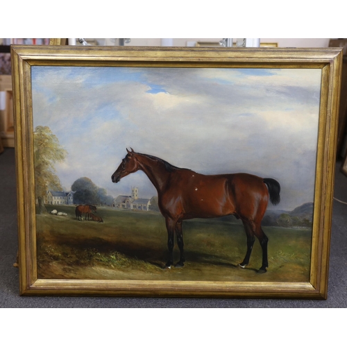 283 - John E. Ferneley Jnr (British, 1815-1862) Portrait of a bay horse in a landscape, a church and count... 