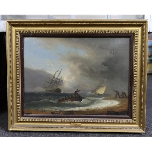 288 - Thomas Luny (British, 1759-1837) Shipping in distress along the shorelineoil on wooden panelsigned a... 