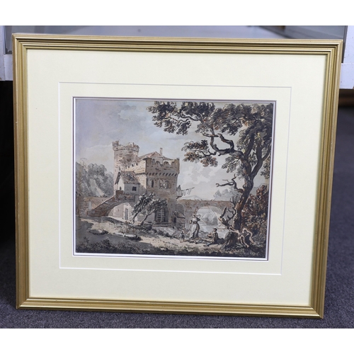 290 - Attributed to Paul Sandby (British, 1730-1809) 'A fortified bridge in a river landscape'ink and wate... 