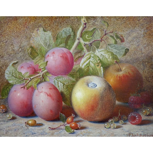 310 - Charles Archer (British, 1855-1931) Still lifes of plums, apples, rosehips, white currants and a ras... 