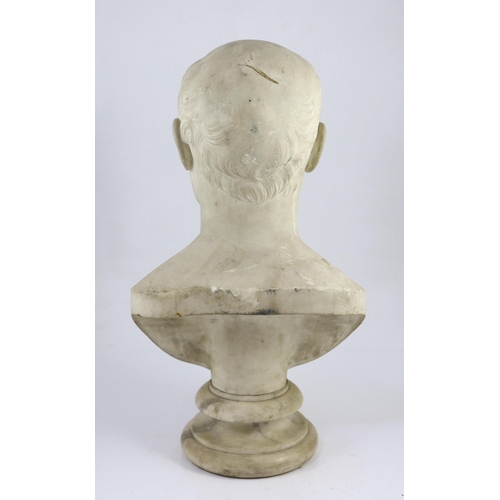 32 - A carved white marble bust of a gentleman, second quarter 19th century, on a turned socle, 30cm wide... 