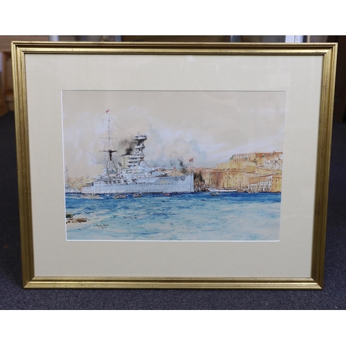 322 - Charles Dixon, R.I. (English, 1872-1934) HMS Elizabeth in Valetta harbourwatercoloursigned and dated... 