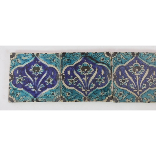 36 - A set of five Persian fritware tiles, Qajar dynasty, 19th century, each decorated in turquoise, blue... 