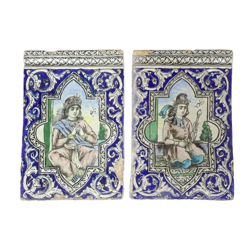 37 - Two large Persian fritware polychrome portrait tiles, Qajar dynasty, 19th century, moulded in reli... 