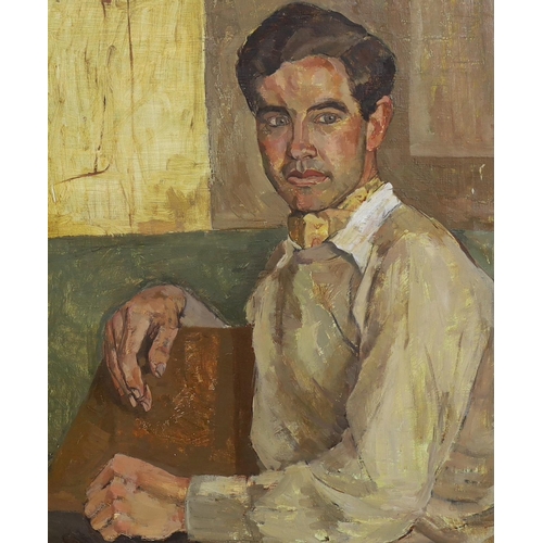 370 - Modern British Half length portrait of a young manoil on canvas60 x 50cm... 