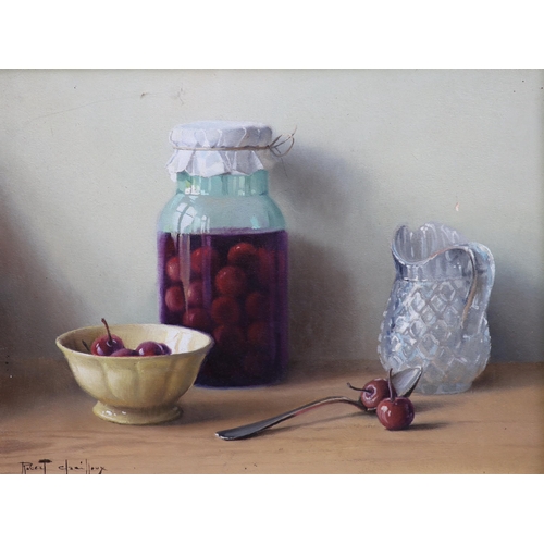 384 - § § Robert Chailloux (French, 1913-2006) Still life of cherries in a jar and bowl beside a glass jug... 