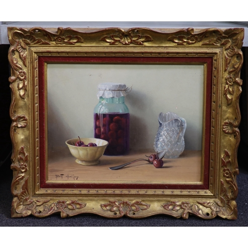 384 - § § Robert Chailloux (French, 1913-2006) Still life of cherries in a jar and bowl beside a glass jug... 