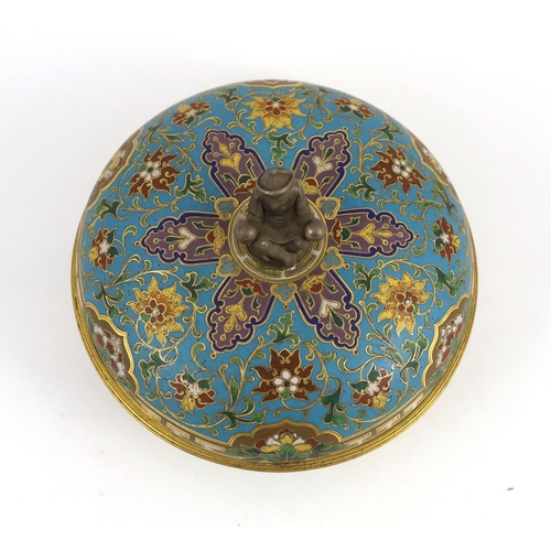 39 - An unusual Elkington & Co. champlevé enamel chinoiserie dish and cover, c.1875, model no. 344, the d... 