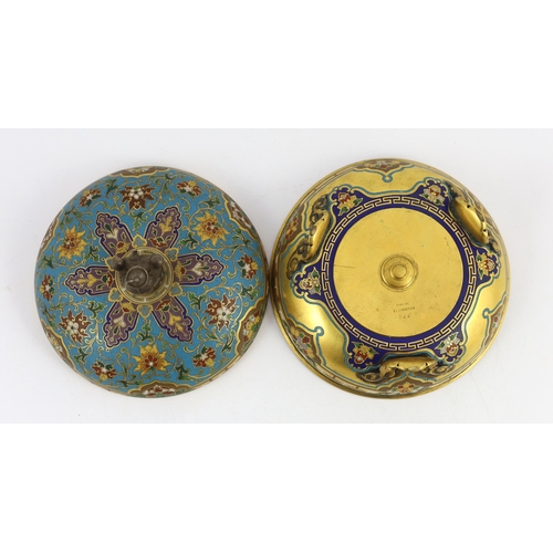 39 - An unusual Elkington & Co. champlevé enamel chinoiserie dish and cover, c.1875, model no. 344, the d... 