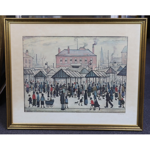 390 - § § Laurence Stephen Lowry R.A. (English, 1887-1976) 'Market scene in a Northern town'offset lithogr... 