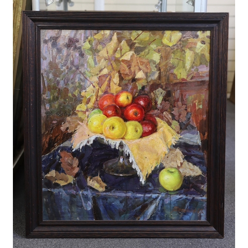 395 - Mikhail Alexandrovich Shaposhnikov (Ukrainian, 1909-1989) Still life of apples in a bowl upon a tabl... 