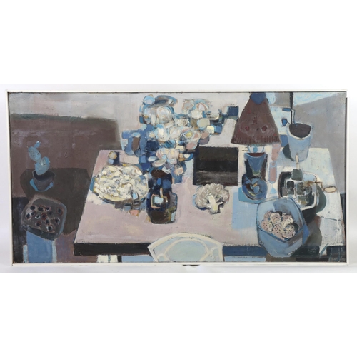 402 - § § Anthony Whishaw RA (English, 1930-) 'Blue still life'oil on boardsigned122 x 239cm... 