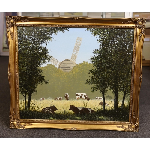 415 - § § Edward Hersey (English, b.1948) Friesians and windmill beside a cornfieldoil on canvassigned and... 