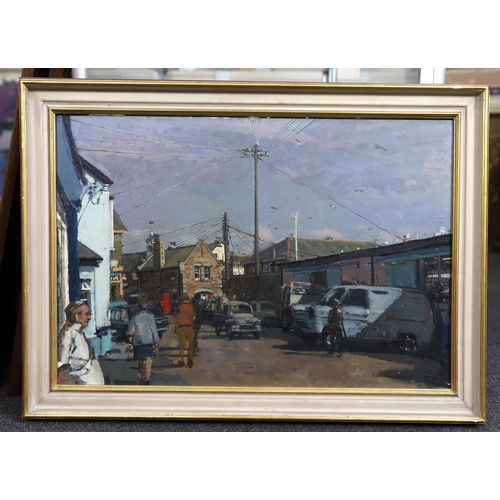 417 - § § Ken Howard OBE, RA, RWS, RWA, ROI, PPNEAC (British, 1932-2022) Northern Irish street sceneoil on... 