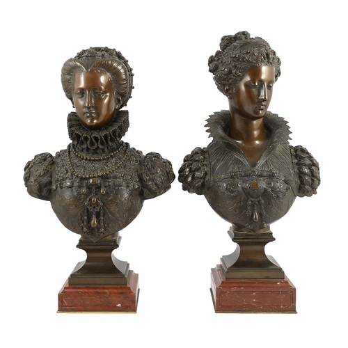 43 - Mathurin Moreau (French, 1822-1912). A pair of bronze busts of Queen Elizabeth I and Marie de Medici... 