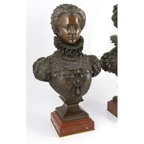 43 - Mathurin Moreau (French, 1822-1912). A pair of bronze busts of Queen Elizabeth I and Marie de Medici... 