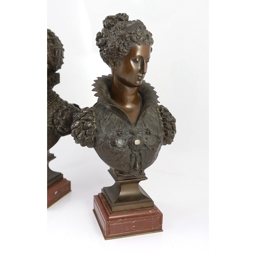 43 - Mathurin Moreau (French, 1822-1912). A pair of bronze busts of Queen Elizabeth I and Marie de Medici... 