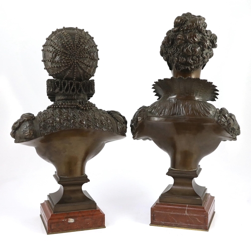 43 - Mathurin Moreau (French, 1822-1912). A pair of bronze busts of Queen Elizabeth I and Marie de Medici... 