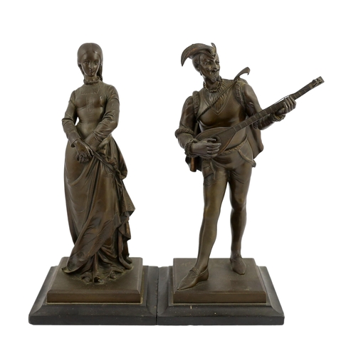 44 - Paul Dubois (French, 1829-1905). A pair of bronze figures of a Medieval maiden and a troubadour sign... 