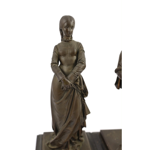 44 - Paul Dubois (French, 1829-1905). A pair of bronze figures of a Medieval maiden and a troubadour sign... 