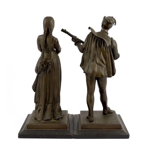 44 - Paul Dubois (French, 1829-1905). A pair of bronze figures of a Medieval maiden and a troubadour sign... 