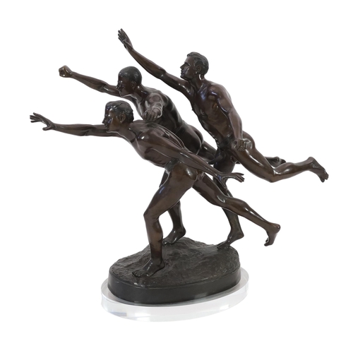 46 - After Alfred Boucher (French, 1850-1934). A large bronze group of three runners at the finishing lin... 