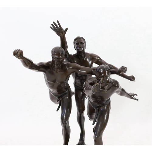 46 - After Alfred Boucher (French, 1850-1934). A large bronze group of three runners at the finishing lin... 