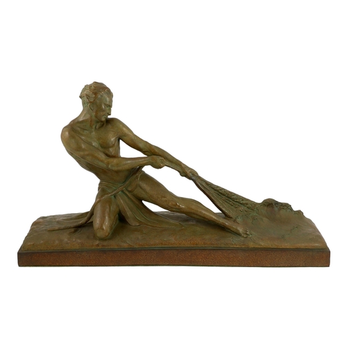 51 - Ugo Cipriani (1887-1960). An Art Deco bronzed terracotta figure of a fisherman hauling a net from th... 