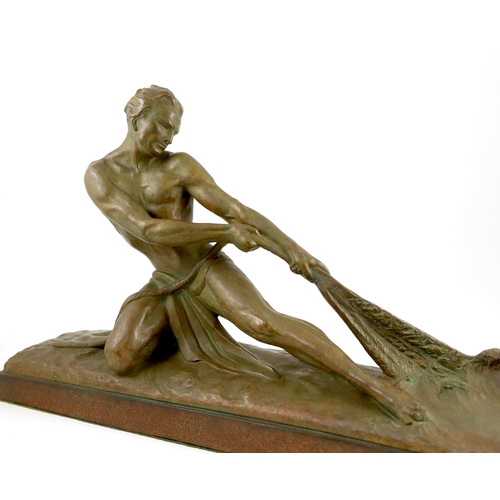 51 - Ugo Cipriani (1887-1960). An Art Deco bronzed terracotta figure of a fisherman hauling a net from th... 