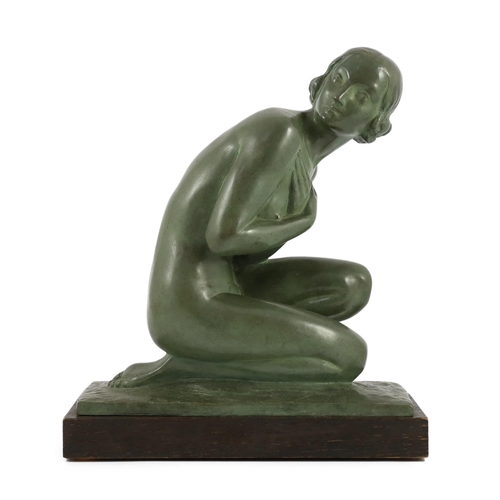 54 - Lucien Charles Edouard Alliot, (French, 1877-1967). An Art Deco bronze figure of a kneeling maiden, ... 