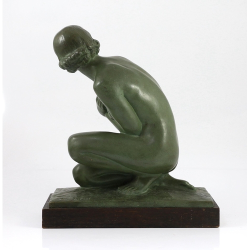 54 - Lucien Charles Edouard Alliot, (French, 1877-1967). An Art Deco bronze figure of a kneeling maiden, ... 