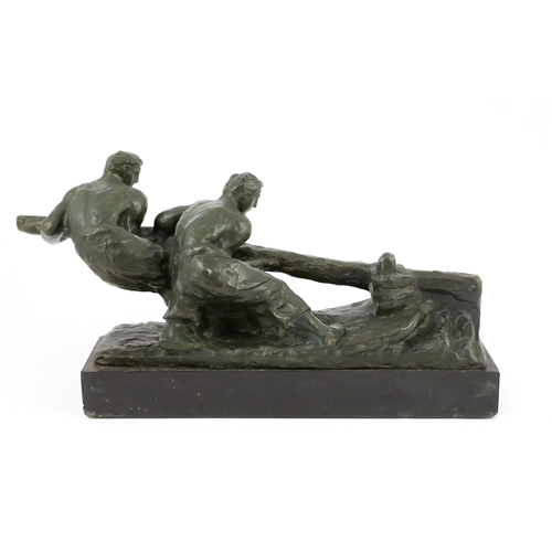 55 - Alexandre Kelety (French/Hungarian, 1874-1940). A French Art Deco bronze group of two tillermen, on ... 