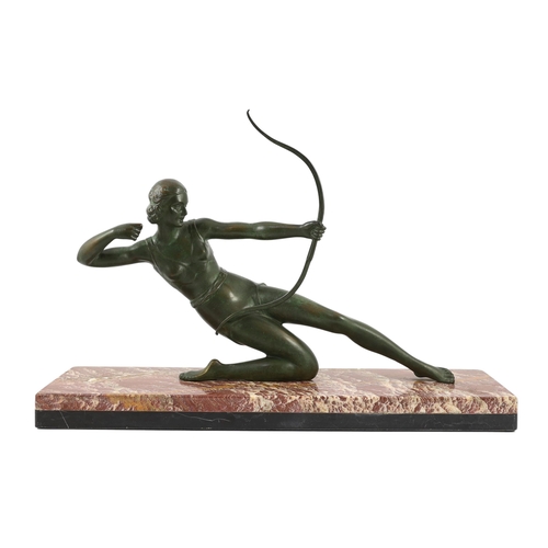 56 - Salvatore Melani (Italian, 1902-1934). An Art Deco bronze figure of a female archer, kneeling upon a... 