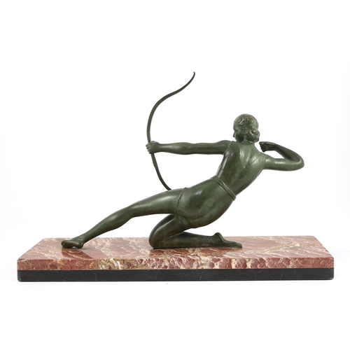 56 - Salvatore Melani (Italian, 1902-1934). An Art Deco bronze figure of a female archer, kneeling upon a... 