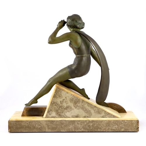 58 - A French Art Deco bronzed spelter and marble figure of a bathing beauty, kneeling with a seashell he... 