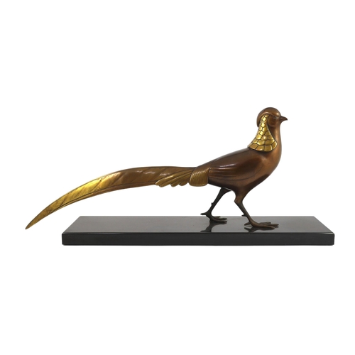 63 - Lorino. An Art Deco bronze model of a golden pheasant, standing upon a black marble plinth, signed i... 