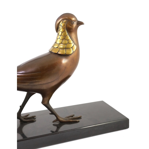 63 - Lorino. An Art Deco bronze model of a golden pheasant, standing upon a black marble plinth, signed i... 