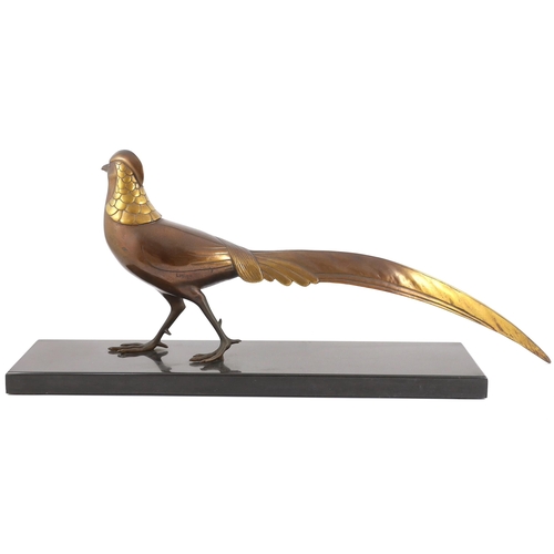 63 - Lorino. An Art Deco bronze model of a golden pheasant, standing upon a black marble plinth, signed i... 