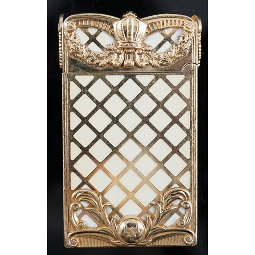 640 - An S.J. Dupont gold plated and Chinese lacquer Gatsby Versailles cigarette lighter, with mask, coron... 