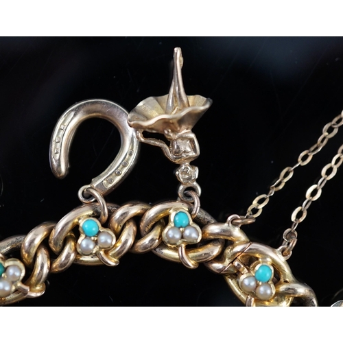 643 - An Edwardian 15ct gold, seed pearl and turquoise set curb link charm bracelet, the links with shamro... 