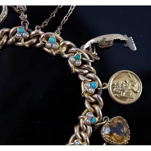 643 - An Edwardian 15ct gold, seed pearl and turquoise set curb link charm bracelet, the links with shamro... 