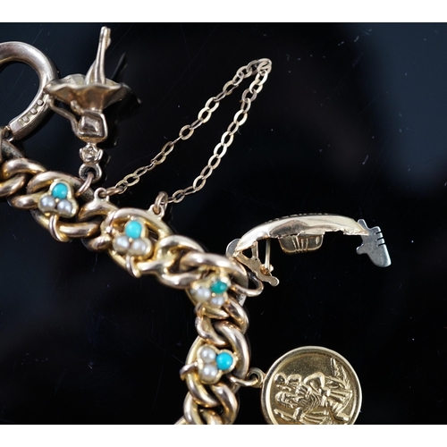 643 - An Edwardian 15ct gold, seed pearl and turquoise set curb link charm bracelet, the links with shamro... 