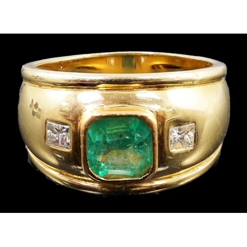 645 - A modern Theo Fennel style 18ct gold, single stone collet set emerald and two stone gypsy set prince... 