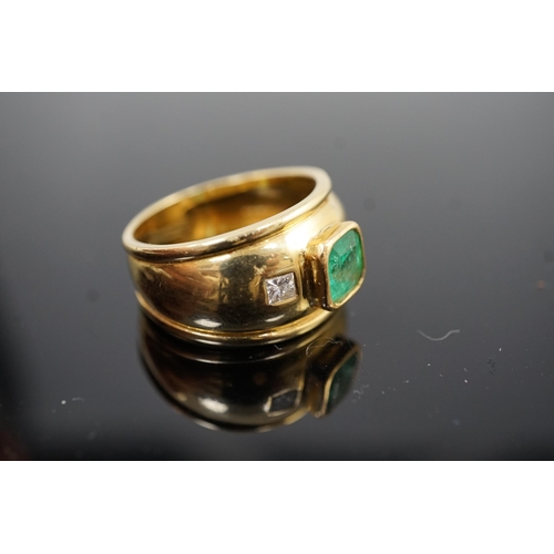 645 - A modern Theo Fennel style 18ct gold, single stone collet set emerald and two stone gypsy set prince... 